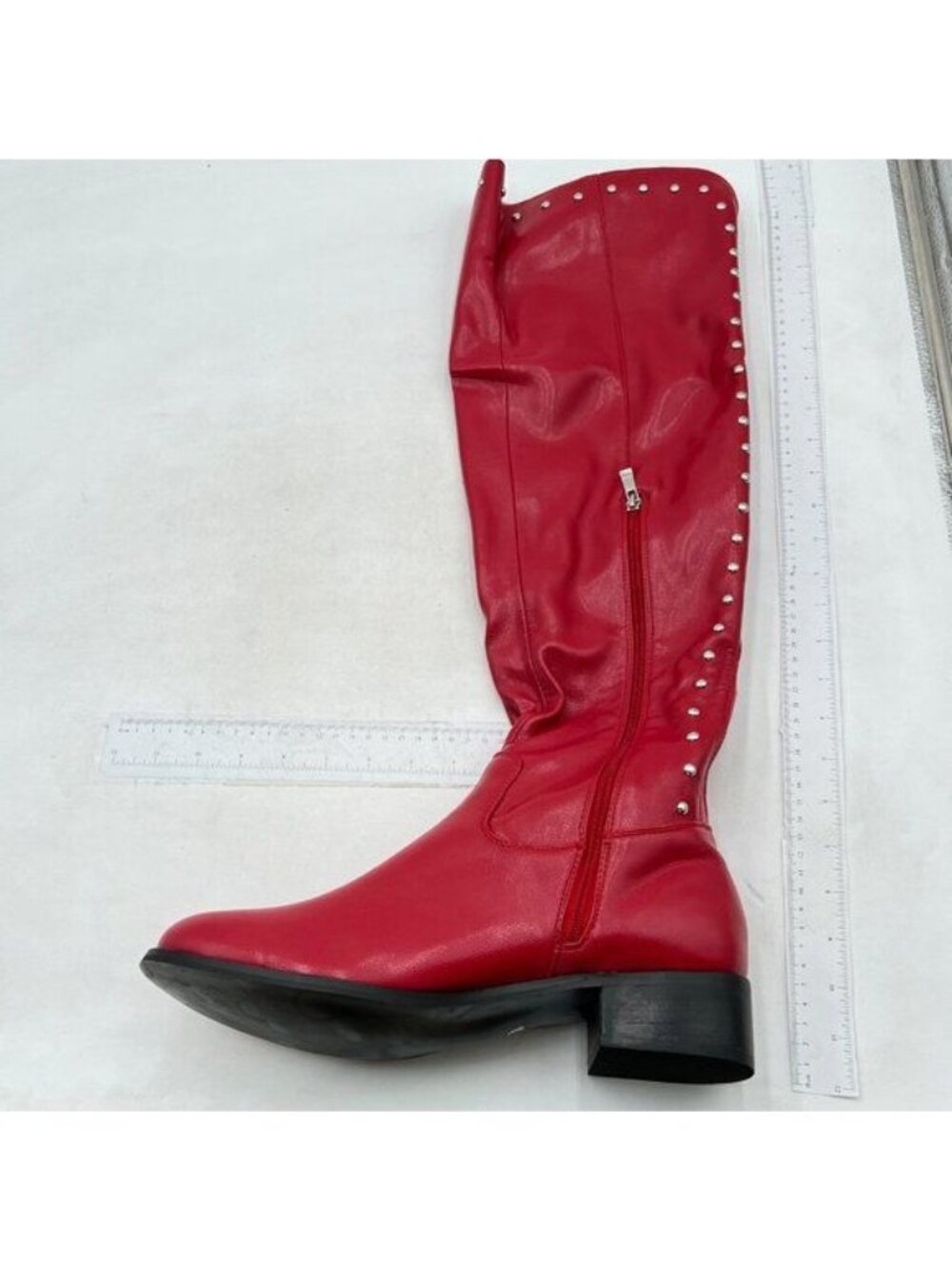 Knee High Boots for Women Comfy Flat Heel Vintage Round Toe Booties Red Rivet